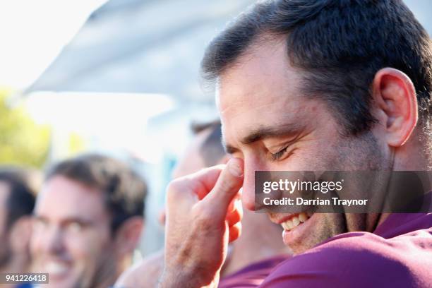 Maroons Captain Cameron Smith laughs during the 2018 State of Origin launch at Arbory Afloat on April 3, 2018 in Melbourne, Australia.