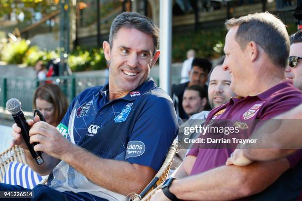 Blues Coach Brad Fittler takes a seat next to Maroons Coach Kevin Walters during the 2018 State of Origin launch at Arbory Afloat on April 3, 2018 in...