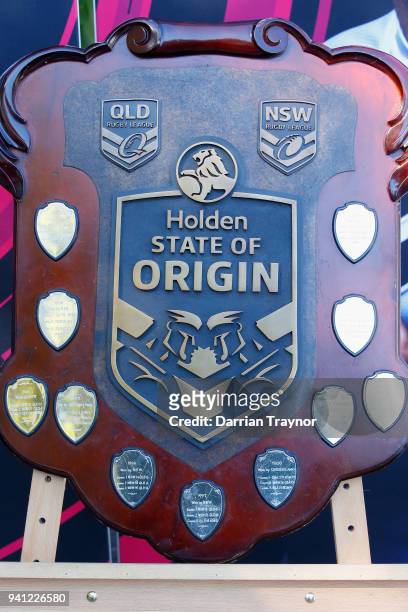 The State of Origin shield is seen during the 2018 State of Origin launch at Arbory Afloat on April 3, 2018 in Melbourne, Australia.