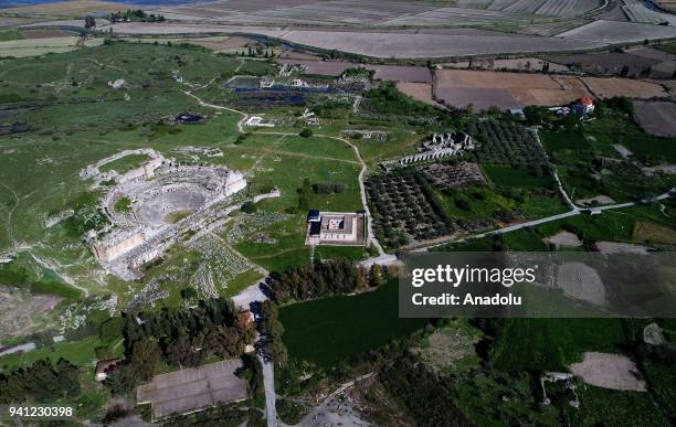Drone photo shows the historical Byzantine Castle ruins , Baths of Faustina and the Miletos Ilyas Bey Complex of the Miletus ancient city of western...