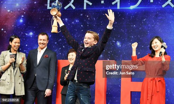 Taylor Russell, Toby Stephens, Maxwell Jenkins and Rei Kikukawa attend the 'Lost In Space' premier event at Omotesando Hills on April 3, 2018 in...