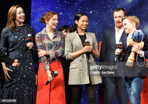 Mina Sundwall, Taylor Russell, Toby Stephens and Maxwell Jenkins attend the 'Lost In Space' premier event at Omotesando Hills on April 3, 2018 in...