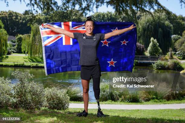 New Zealand para swimmer Sophie Pascoe poses during the New Zealand Commonwealth Games Flag Bearer Announcement at Jelly Park on March 20, 2018 in...