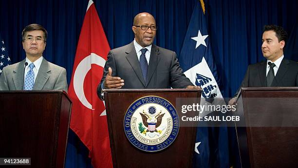 Trade Representative Ron Kirk speaks alongside US Secretary of Commerce Gary Locke and Turkish Deputy Prime Minister Ali Babacan during a press...