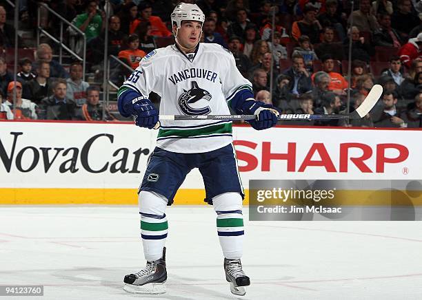 Shane O'Brien of the Vancouver Canucks skates against the Philadelphia Flyers on December 3, 2009 at Wachovia Center in Philadelphia, Pennsylvania....