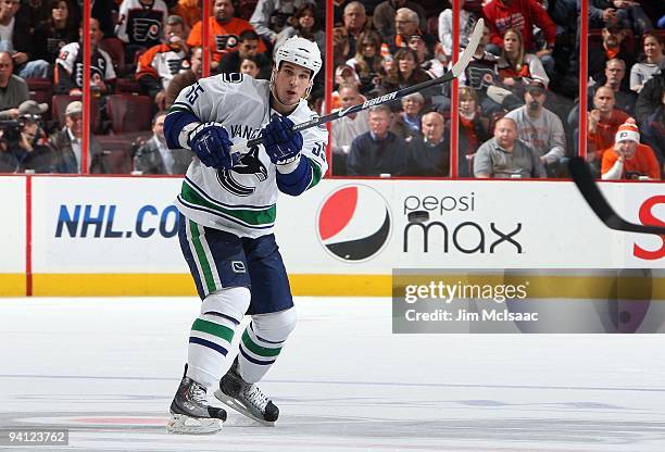 Shane O'Brien of the Vancouver Canucks skates against the Philadelphia Flyers on December 3, 2009 at Wachovia Center in Philadelphia, Pennsylvania....