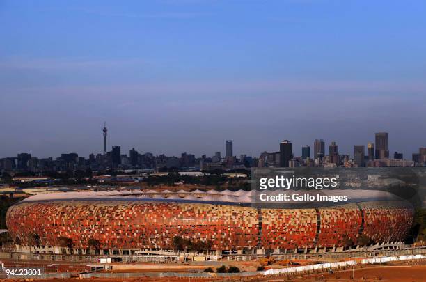 General view of Soccer City Stadium on December 7, 2009 in Johannesburg, South Africa. The Soccer City Stadium will host both the opening and final...