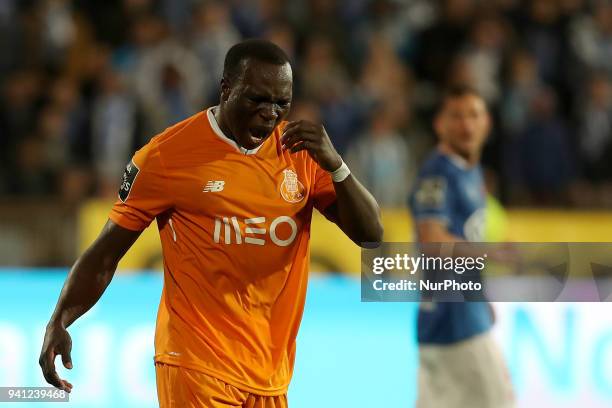 Porto's Cameroonian forward Vincent Aboubakar reacts during the Portuguese League football match Belenenses vs FC Porto at the Restelo stadium in...