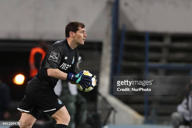 Porto's Spanish goalkeeper Iker Casillas in action during the Portuguese League football match Belenenses vs FC Porto at the Restelo stadium in...