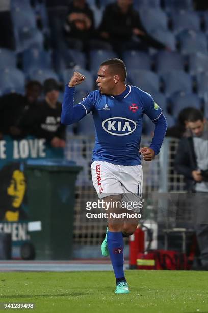 Belenenses's forward Maurides of Brasil celebrates after scoring a goal during the Portuguese League football match Belenenses vs FC Porto at the...