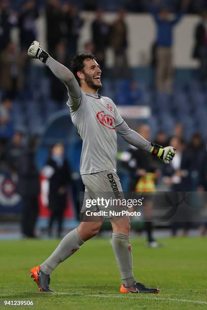 Belenenses's goalkeeper Andre Moreira celebrates the victory after the Portuguese League football match Belenenses vs FC Porto at the Restelo stadium...