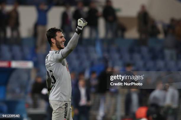 Belenenses's goalkeeper Andre Moreira celebrates the victory after the Portuguese League football match Belenenses vs FC Porto at the Restelo stadium...