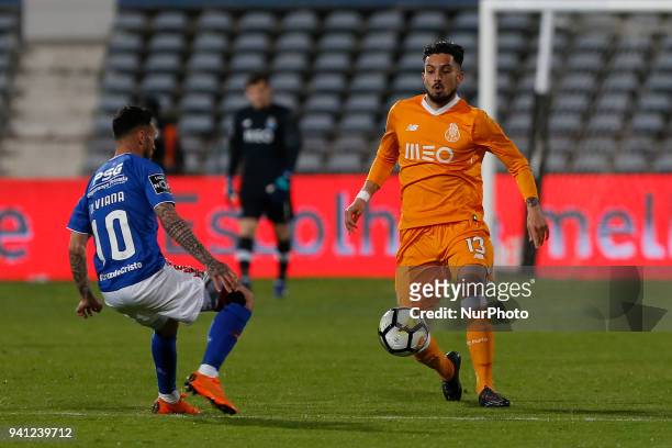 Porto Defender Alex Telles from Brazil and CF Os Belenenses Forward Diogo Viana from Portugal during the Premier League 2017/18 match between CF Os...