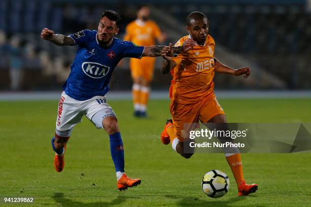 Os Belenenses Forward Diogo Viana from Portugal and FC Porto Forward Yacine Brahimi from Algeria during the Premier League 2017/18 match between CF...