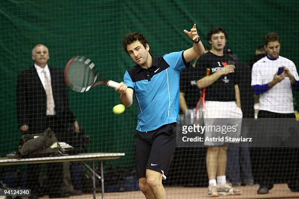 Former tennis player Justin Gimelstob participates in Hublot's Tennis Fusion Celebrity Challenge at Sutton East Tennis Club on December 7, 2009 in...