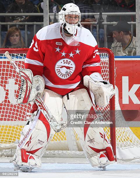 Robin Lehner of the Sault Ste. Marie Greyhounds watches the play in a game against the London Knights on December 6,2009 at the John Labatt Centre in...