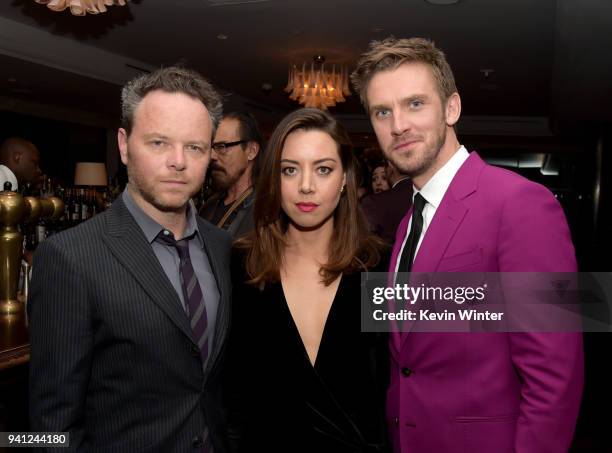 Creator/executive producer Noah Hawley, actress Aubrey Plaza and actor Dan Stevens pose at the after party for the season 2 premiere of FX's "Legion"...