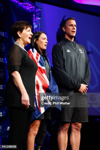 Sophie Pascoe of New Zealand stands with Governor General Dame Patsy Reddy and Chef de Mission Rob Waddell after being named as New Zealand's flag...