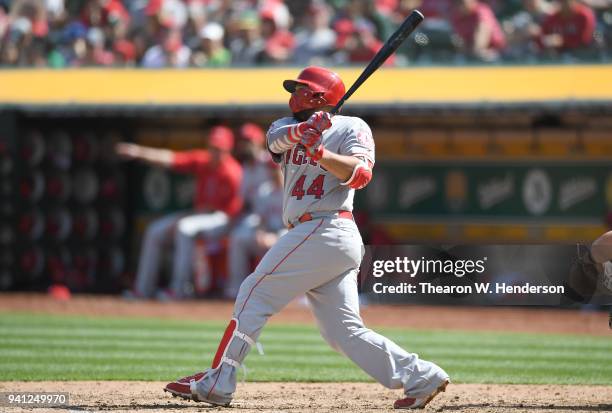 Rene Rivera of the Los Angeles Angels of Anaheim bats against the Oakland Athletics in the top of the six inning at the Oakland Alameda Coliseum on...