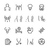 Prostate, Cancerous prostate, Symptoms, Causes and Treatment. Vector line icons set.