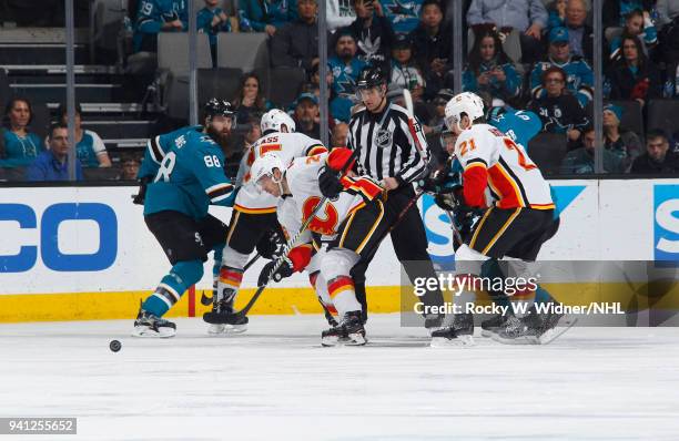 Nick Shore of the Calgary Flames skates after the puck against the San Jose Sharks at SAP Center on March 24, 2018 in San Jose, California. Nick Shore