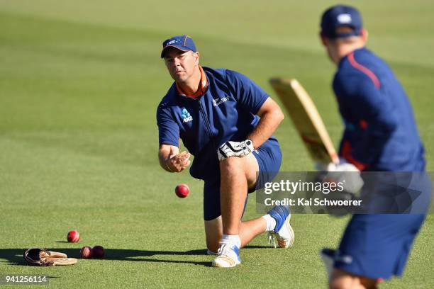Batting Coach Craig McMillan warms up prior to day five of the Second Test match between New Zealand and England at Hagley Oval on April 3, 2018 in...