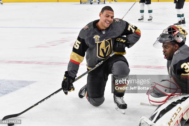 Ryan Reaves and Malcolm Subban of the Vegas Golden Knights warm up prior to the game against the San Jose Sharks at T-Mobile Arena on March 31, 2018...