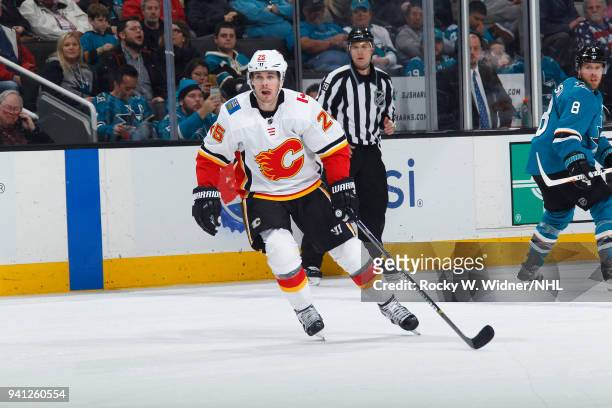 Nick Shore of the Calgary Flames skates against the San Jose Sharks at SAP Center on March 24, 2018 in San Jose, California. Nick Shore