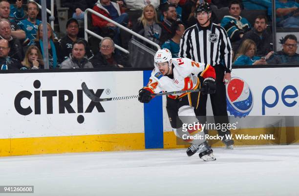 Travis Hamonic of the Calgary Flames skates against the San Jose Sharks at SAP Center on March 24, 2018 in San Jose, California. Travis Hamonic
