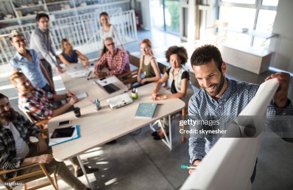 Über Ansicht der glückliche Unternehmer den Business-Plan, sein Team zu erklären, an einer Präsentation im Büro.