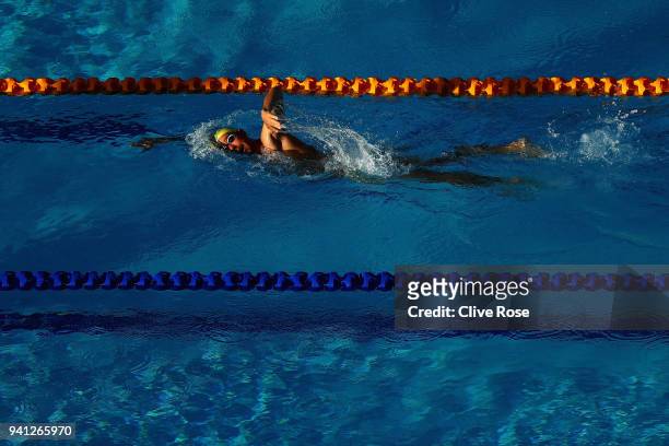 An athlete in action during swim training ahead of the 2018 Commonwealth Games at the Optus Aquatics centre on April 3, 2018 in Gold Coast, Australia.
