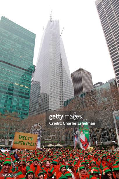 Elves attend the ABC Family's world record elf party at Bryant Park on December 7, 2009 in New York City.