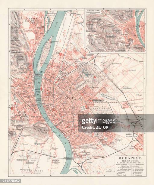 city map of budapest, capital of hungary, lithograph, published 1897 - budapest map stock illustrations