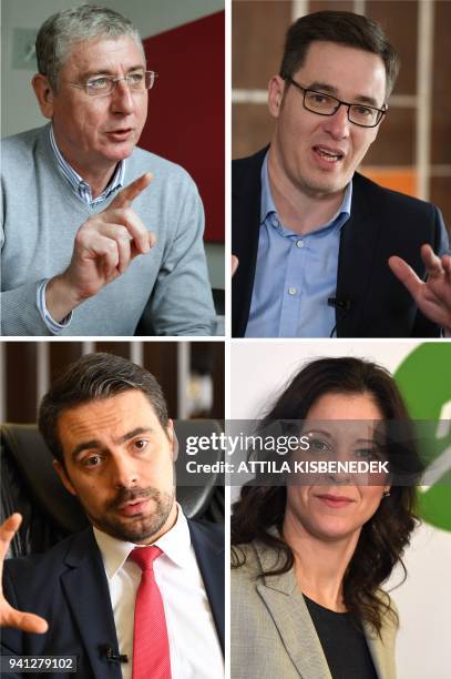 Combo created on April 2, 2018 shows the opposition prime minister candidates, Ferenc Gyurcsany of DK , Gergely Karacsony of MSZP, the Hungarian...