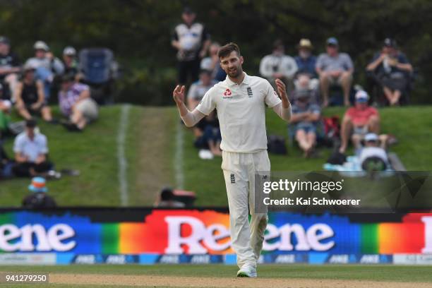 Mark Wood of England reacts during day five of the Second Test match between New Zealand and England at Hagley Oval on April 3, 2018 in Christchurch,...