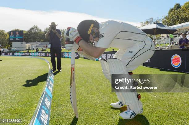 Tom Latham of New Zealand walks out to bat during day five of the Second Test match between New Zealand and England at Hagley Oval on April 3, 2018...