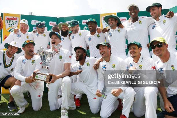 South African team celebrates winning the fifth Test cricket match between South Africa and Australia and the Test Series against Australia for the...