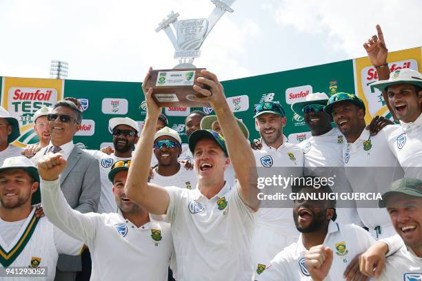 South African team celebrates winning the fifth Test cricket match between South Africa and Australia and the Test Series against Australia for the...