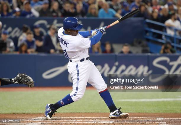 Gift Ngoepe of the Toronto Blue Jays hits a single in the second inning during MLB game action against the New York Yankees at Rogers Centre on April...
