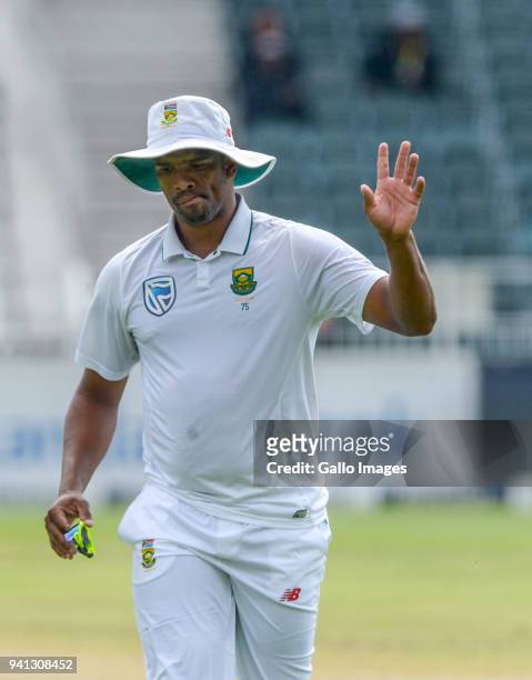 Vernon Philander waves at spectators as they clap for him following a great over during day 5 of the 4th Sunfoil Test match between South Africa and...