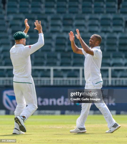 Vernon Philander Celebrates with teammates after taking yet another wicket during day 5 of the 4th Sunfoil Test match between South Africa and...