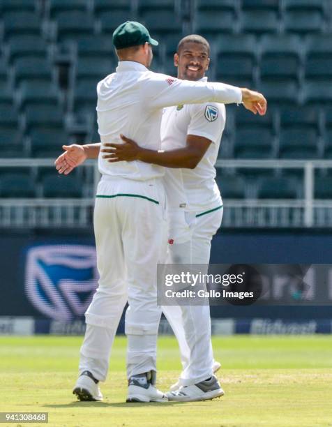 Vernon Philander Celebrates with teammates after taking yet another wicket during day 5 of the 4th Sunfoil Test match between South Africa and...