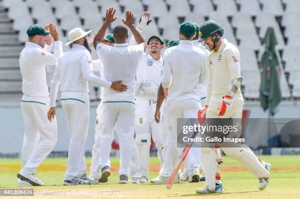 Vernon Philander Celebrates with teammates after taking a wicket during day 5 of the 4th Sunfoil Test match between South Africa and Australia at...