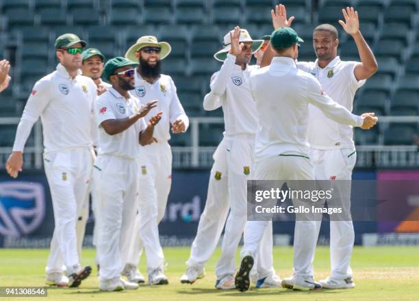 Vernon Philander Celebrates with teammates after taking yet another wicket during day 5 of the 4th Sunfoil Test match between South Africa and...