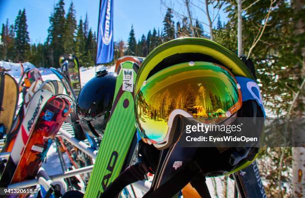 Reflection of trees in ski goggles at the Tombstone Mountain Yurt in the Rocky Mountains on March 02, 2015 in Park City, Utah, United States.