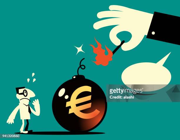 big hand holding a matchstick (match in fire) and igniting a big bomb with explosive fuse (dynamite) and euro sign (european union currency), the businessman is very scared - burning fuse stock illustrations