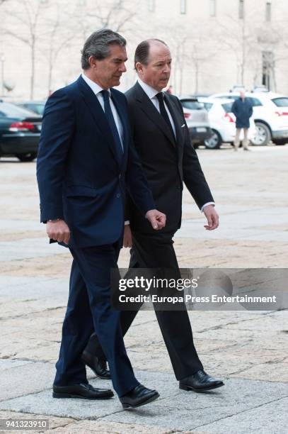 Pedro Lopez Quesada and Prince Konstantin of Bulgaria attend the the mass to mark the 25th Anniversary of the Count of Barcelona's death the...