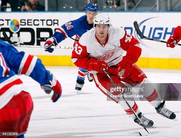 Darren Helm of the Detroit Red Wings skates against the New York Rangers on December 6, 2009 at Madison Square Garden in New York City. The Red Wings...