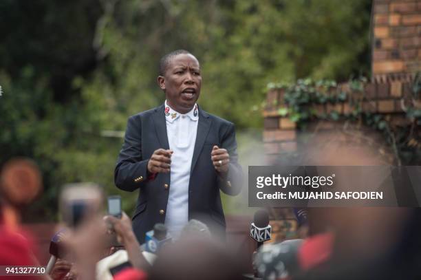 President of the Economic Freedom Fighters Julius Malema adresses the media outside the home of late South African anti-apartheid campaigner Winnie...