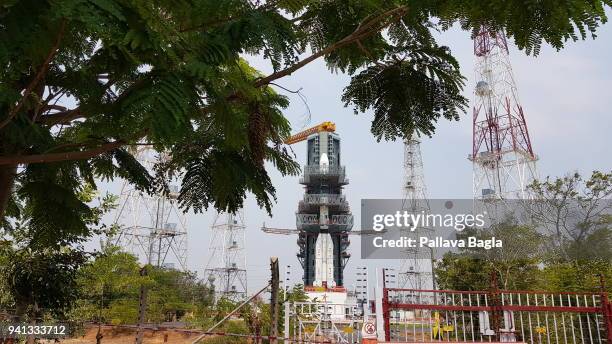 Indian heavy lift rocket the Geosynchronous Satellite Launch Vehicle 2013 M K II stands on the launch pad on March 27, 2018 in Sriharikota, India....